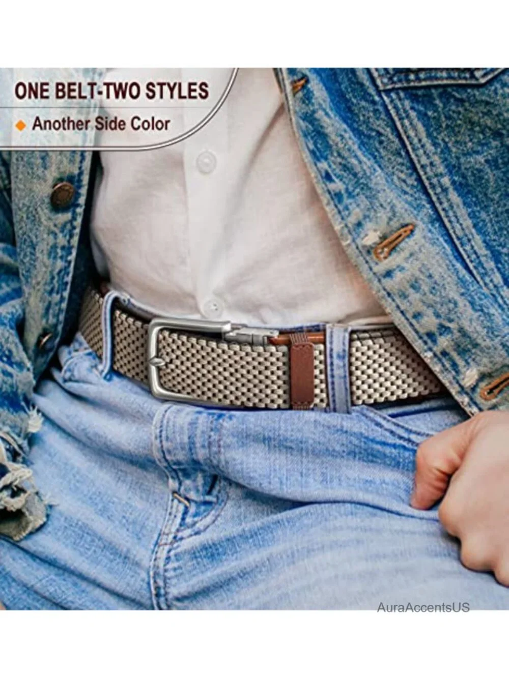 Men's Reversible Stretch Braided Woven Web Belt, 2-in-1, Holeless, Adjustable,